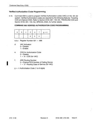 Page 563Customer Data Entry (CDE) 
Verified Authorization Code Programming 
4.15 Command 600 is used to program Verified Authorization codes (VAC) on the SX-50 
system. Verified Authorization codes are required by the following features: Traveling 
COS and Special DISA. Refer to Section 9104-091-l 05:NA, TRAVELING COS and 
Section 9104-091-l 05-NA, SPECIAL DISA, for further details. 
COMMAND 600 VERIFIED AUTHORIZATION CODE PROGRAtiMIN6 
a,b,c: Register Number 001 - 999 
d: 
VAC Activation 
0 = Disable 
1 =...