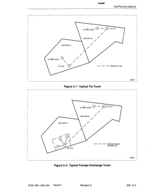 Page 580- 
Call Routing Options 
AREA COOE 613 
AREA CODE 416 
- - - INDICATES TIE LINE 
DO0026 
Figure 3-1 Typical Tie Trunk 
_ 4 AAEACODE613, / 
AREA CODE 416 
- - - INDICATESFOREIGN 
EXCHANGE UNE 
Figure 3-2 Typical Foreign Exchange Trunk 
9104--091-22O-NA Issue 5 
Revision 0 220 3-3  