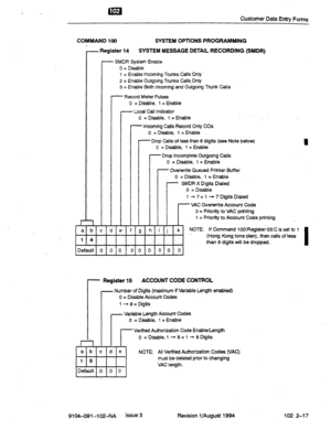 Page 610Customer Data Enty FOGS 
COMMAND 100 SYSTEM OPTIONS PROGRAMMING 
r 
-Register 14 SYSTEM MESSAGE DETAIL RECORDING (SMDR) 
- SMDR System Enable 
0 = Disable 
1 = Enable Incoming Trunks Calls Only 
2 = Enable Outgoing Trunks Calls_Only 
3 = Enable Both Incoming and Outgoing Trunk Calls 
-- Record Meter Pulses 
0 = Disable, 1 = Enable 
- Local Call Indicator 
0 = Disable, 1 = Enable . 
-- Incoming Calls Record Only COs 
0 = Disable, 1 = Enable 
- Drop Calls of less than 8 digits (see Note below) 
I 0 =...