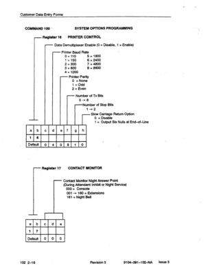 Page 611Customer Data Entry Forms 
COMMAND 100 - SYSTEM OPTIONS PROGRAMMING 
- Register 16 PRINTER CONTROL 
- Data Demultiplexer Enable (0 = Disable, 1 = Enable) 
- Printer Baud Rate 
0 = 110 5 = 1800 
1=150 6 = 2400 
2 = 300 7=4800 
3 = 600 8 = 9600 
4 = 1200 
- Printer Parity 
0 = None 
1 =Odd 
2 = Even 
Number of TX Bits 
Number of Stop Bits 
Slow Carriage Return Option 
1 = Output Six Nulls at End-of-Line 
r Register 17 CONTACT MONITOR 
Contact Monitor Night Answer Point 
(During Attendant Inhibit or Night...