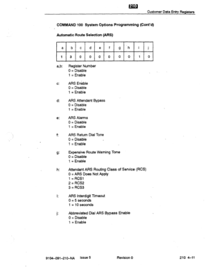 Page 632Customer Data Entry Registers 
COMMAND 100 System Options Programming (Cont’d) 
Automatic Route Selection (ARS) 
a b c d e f g ‘h i j 
13 0 0 0 0 0 0 i 0 
a,b: 
c: 
d: 
e: 
t 
g: 
h: Register Number 
0 = Disable 
1 = Enable . 
ARS Enable 
0 = Disable 
1 = Enable 
ARS Attendant Bypass 
0 = Disable 
1 = Enable 
ARS Alarms 
0 = Disable 
1 = Enable 
ARS Return Dial Tone 
0 = Disable 
1 = Enable 
Expensive Route Warning Tone 
0 = Disable 
1. = Enable 
Attendant ARS Routing Class of Service (RCS) 
0 = ARS Does...