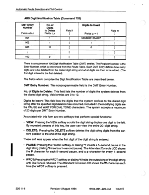 Page 635Automatic Route Selection and Toll Control 
ARS Digit @lodification Table (Command 752) 
There is a maximum of 100 Digit Modification Table (DMT) entries. The Register Number is the 
Entry Number, which is referenced from the Route Table. Each DMT Entry defines how many 
digits are to be deleted from the dialed digit string and what digits are then to be added. (The 
first digit entered is the first deleted). 
The fields which comprise the Digit Modification Table are described below. 
DMT Entry Number:...