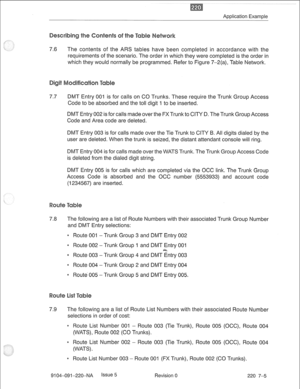 Page 644Application Example 
7.6 The contents of the ARS tables have been completed in accordance with the 
requirements of the scenario. The order in which they were completed is the order in 
which they would normally be programmed. Refer to Figure 7-2(a), Table Network. 
7.7 DMT Entry 001 is for calls on CO Trunks. These require the Trunk Group Access 
Code to be absorbed and the toll digit 1 to be inserted. 
DMT Entry 002 is for calls made over the FXTrunk to CITY D. The Trunk Group Access 
Code and Area...