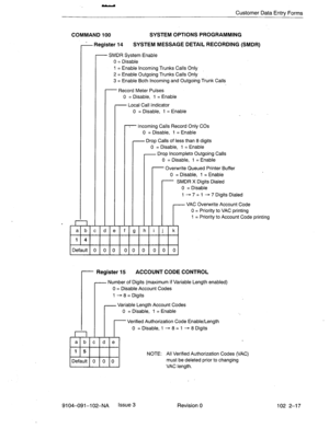 Page 70Customer Data Entry Forms 
COMMAND 100 SYSTEM OPTIONS PROGRAMMING 
1 Register 14 SYSTEM MESSAGE DETAIL RECORDING (SMDR) 
- SMDR System Enable 
0 = Disable 
1 = Enable Incoming Trunks Calls Only 
2 = Enable Outgoing Trunks Calls Only 
3 = Enable Both Incoming and Outgoing Trunk Calls 
- Record Meter Pulses 
0 = Disable, 1 = Enable 
- Local Call Indicator 
0 = Disable, 1 = Enable 
I Incoming Calls Record Only COs 
0 = Disable, 1 = Enable 
- Drop Calls of less than 8 digits 
0 = Disable, 1 = Enable 
- Drop...