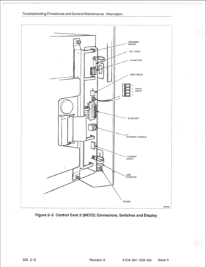 Page 693Troubleshooting Procedures and General Maintenance Information 
GROUNDING 
AC NIGHT BELL 
RESET SWITCH 
3 STATUS 
2 SWITCH 
1 
it-1 I RS-232 PORl 
II -ATTENDANT CONSOLE) 
II  7-SEGMENT 
DISPLAY 
 CARD 
EXTRACTOR 
EDG BAR 
350 2-6 
Revision 0 
9104-091-350-NA Issue 5  