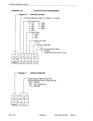 Page 71Customer Data Entry Forms 
COMMAND 100 
SYSTEM OPTIONS PROGRAMMING 
- - Register 16 PRINTER CONTROL 
- Data Demultiplexer Enable (0 = Disable, 1 = Enable) 
- Printer Baud Rate 
0 = 110 5 = 1800 
1=150 6 = 2400 
2 = 300 7 = 4800 
3 = 600 8 = 9600 
4 = 1200 
r 
Printer Parity 
0 = None 
1 = Odd 
2 = Even _ 
l- 
-l 
l- Vumber of TX Bits 
5-8 
-Number of Stop Bits 
l-2 
T-r Slow Carriage Return Option 
0 = Disable 
1 = Output Six Nulls at End-of-Line 
abcdefgh 
1 6 
Default 0 4 
0 8 
1 0 
r 
Register 17...