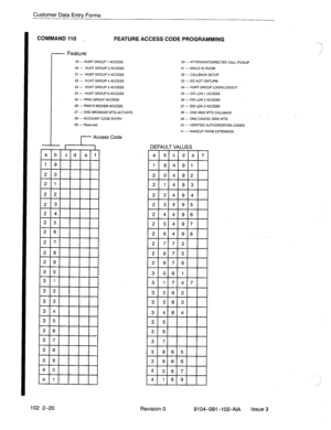 Page 73Customer Data Entry Forms 
COMMAND 110 _ 
FEATURE ACCESS CODE PROGRAMMING 
Feature: 
19 - HUNT GROUP 1 ACCESS 
20 - HUNT GROUP 2 ACCESS 
21- HUNT GROUP 3 ACCESS 
22 - HUNT GROUP 4 ACCESS 
23 - HUNT GROUP 5 ACCESS 
24 - HUNT GROUP 6 ACCESS 
25 - RING GROUP ACCESS 
26 - RMATS MODEM ACCESS 
27 - ONS MESSAGE WTG ACTIVATE 
28 -ACCOUNT CODE ENTRY 
29 - Reserved 
r-ccCeSS Code 30 - A?TENDANT/DIRECTED CALL PICKUP 
31 - MAILD IN ROOM 
32 -CALLBACK SETUP 
33 - DO NOT DISTURB 
34 - HUNT GROUP LOGIN/LbGOUT 
35 -DID...