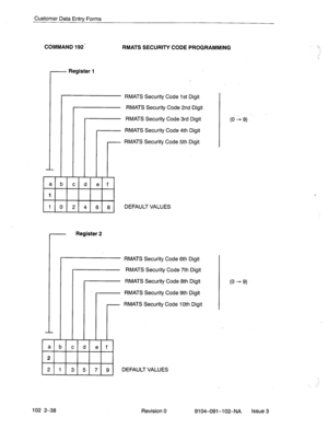 Page 91Customer Data Entry Forms 
COMMAND 192 - 
RMATS SECURITY CODE PROGRAMMING 
- Register 1 
RMATS Security Code 1 st Digit 
RMATS Security Code 2nd Digit 
RMATS Security Code 3rd Digit 
RMATS Security Code 4th Digit 
RMATS Security Code 5th Digit 
Register 2 DEFAULT VALUES 
RMATS Security Code 6th Digit 
RMATS Security Code 7th Digit 
RMATS Security Code 8th Digit 
RMATS Security Code 9th Digit 
RMATS Security Code 10th Digit 
DEFAULT VALUES (0 ; 9) j 
(0 - 9) 
102 2-38 
Revision 0 9104-091-l 02-NA Issue 3  