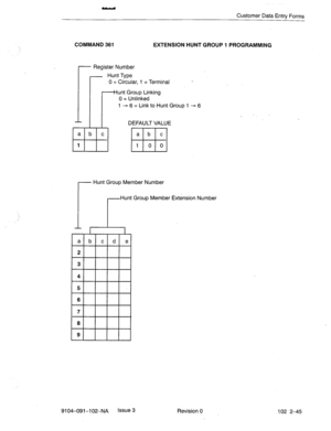 Page 96Customer Data Entry Forms 
COMMAND 361 
EXTENSION HUNT GROUP 1 PROGRAMMING 
0 = Circular, 1 = Terminal 
unt Group Linking 
0 = Unlinked - 
1 + 6 = Link to Hunt Group I - 6 
DEFAULT VALUE 
r 
Hunt Group Member Number 
r 
Hunt Group Member Exhsion Number 
d e 
9104-091-l 02-NA Issue 3 
Revision 0 
102 2-45  