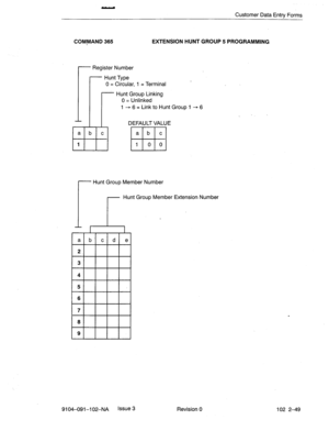 Page 100Customer Data Entry Forms 
COMMAND 365 EXTENSION HUNT GROUP 5 PROGRAMMING 
Register Number 
0 = Circular, 1 = Terminal 
Hunt Group Linking 
0 = Unlinked 
1 + 6 = Link to Hunt Group 1 - 6 
Hunt Group Member Number 
r 
Hunt Group Member Extension Number 
9104-091-l 02-NA Issue 3 
Revision 0 102 2-49  