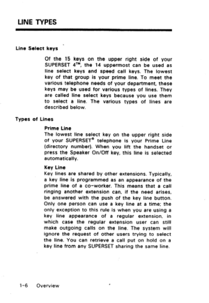 Page 14LINE TYPES 
Line Select keys * 
Of the 15 keys on the upper right side of your 
SUPERSET 4TM, the 14 uppermost can be used as 
line select keys and speed call keys. The lowest 
key of that group is your prime line. To meet the 
various telephone needs of your department, these 
keys may be used for various types of lines. They 
are called line select keys because you use them 
to select a line. The various types of lines are 
described below. 
Types of Lines 
Prime Line 
The lowest line select key on the...