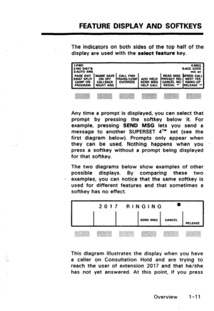 Page 19FEATURE DISPLAY AND SOFTKEYS 
The indicators on both sides of the top half of the 
display are used with the select feature key. 
,ZT”Y *;mau 2:N0 OIST’B 5:ACC CODE 
3:AUTO ANS mic on 
Any time a prompt is displayed, you can select that 
prompt by pressing the softkey below it. For 
example, pressing 
SEND MSG lets you send a 
message to another SUPERSET qTM set (see the 
first diagram below). Prompts only appear when 
they can be used. Nothing happens when you 
press a softkey without a prompt being...
