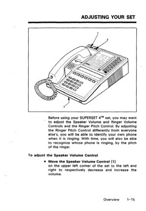 Page 23ADJUSTING YOUR SET 
Before using your SUPERSET 41M set, you may want 
’ to adjust the Speaker Volume and Ringer Volume 
Controls and the Ringer Pitch Control. By adjusting 
the Ringer Pitch Control differently from everyone 
else’s, you will be able to identify your own phone 
when it is ringing. With time, you will also be able 
to recognize whose phone is ringing, by the pitch 
of the ringer. 
To adjust the Speaker Volume Control 
l Move the Speaker Volume Control 111 
on the upper left corner of the...