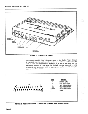 Page 125SECTION MITL8350-047-IOO-NA 
FIGURE 2: CONNECTOR PANEL 
(pin 2), and the GND (pin 1) lines are used by the Dialer. Pins 4 through 
6, 8 and 20 are shorted internally for the convenience of the user. This 
port is used for Programming Methods 1, 3, and 4 and also for Call 
Recording Output. If the latter is desired, simply connect a serial 
printer to this connector with an appropriate cable wired to the pin- 
outs as specified above. 
!JlJ SIGNAL 
I 
FRAME GND 
2 RxD (Signal In) 
3 TxD (Signal Out) 
495...