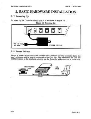 Page 14SECTION 8350-345012-NA 
ISSUE 1, JUNE 1988 
2 l BASIC HARDWARE INSTALLATION 
2. 7. Powering Up 
To power up’ the Controller simply plug it in as shown in Figure I.8 . 
Figure 1.8 Powering Up 
TO 115 VAC 
SOCKET POWER SUPPLY 
2. 8. Power Failure 
Should a power failure occur that disables the Controller (or the Controller fails) the 
user’s telephone will be directly connected to the CO. line. This means that the user will 
still have access to the telephone network, but the Controller will not screen or...