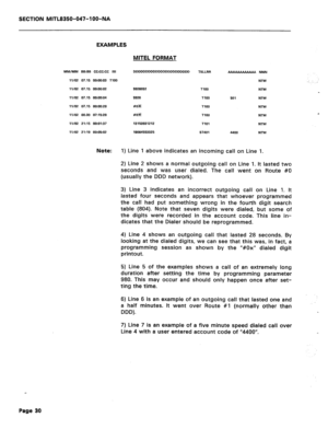 Page 147SECTION MITL8350-047-l OO-NA 
EXAMPLES 
MITEL FORMAT 
MM/MM BB:BB Cc:CC:CC 1111 
II/O2 07.15 00:00:03 TIOO 
II/O2 07.15 00:00:02 
11/02 07.15 00:OD:O4 
11/02 07.15 0o:OO:ZB 
IV02 00.00 07:15:28 
11/02 21:15 00:01:37 
11/02 21:19 00:05:02 5926032 
5926 
#H 
#OX 
13153931212 
18064553325 TSLLRR - NNN 
NTW 
TlOO NTW 
TlOO 501 NTW 
TIOO NTW 
TlOO NM 
TlOl 
NTW 
ST401 4400 NW 
Note: 1) Line 1 above indicates an incoming call on Line 1. 
2) Line 2 shows a normal outgoing call on Line 1. It lasted two 
seconds...