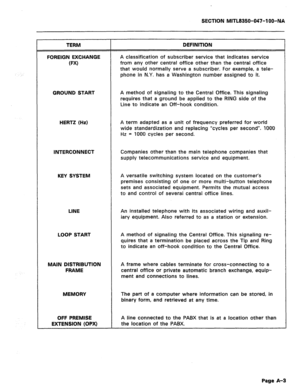 Page 194SECTION MITL8350-047-l QO-NA 
TERM 
FOREIGN EXCHANGE 
(FW 
DEFINITION 
A classification of subscriber service that indicates service 
from any other central office other than the central office 
that would normally serve a subscriber. For example, a tele- 
phone in N.Y. has a Washington number assigned to it. 
GROUND START A method of signaling to the Central Office. This signaling 
requires that a ground be applied to the RING side of the 
Line to indicate an Off-hook condition. 
HERTZ (Hz)...