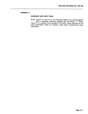 Page 200SECTION MITL8350-047-1 OO-NA 
APPENDIX C 
DIAGRAMS AND ASCII TABLE 
Cl.01 
Figures Cl and C2 on the following pages are a block diagram 
and a simplified electrical diagram for the SMarT-lTM Dialer. 
Table Cl is a listing of the standard 7-bit ASCII codes followed by the 
code equivalents. Table C2 contains Legal Dialer Programming Input 
Characters. 
Page C-l  