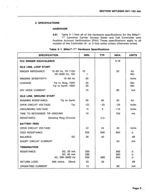 Page 230, 
, 
SECTION MITL8350-047-102-NA 
3. SPECIFICATIONS 
HARDWARE 
3.01 Table 3-l lists all of the hardware specifications for the SMarT- 
ltm Common Carrier Access Dialer and Call Controller with 
Positive Account Verficication (PAV). These specifications apply to all 
models of the Controller (4- or Z-line units) unless otherwise noted. 
Table 3-1, SMarT-1’” Hardware Specifications 
SPECIFICATION 
FCC RINGER EQUIVALENCE 
IDLE LINE, LOOP START 
RINGER IMPEDANCE: 15-60 Hz, 70-11OV 
20-3500 Hz, IOV 
RINGING...