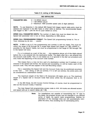 Page 246SECTION MITL8350-047-102-NA 
Table 5-3, Listing of 903 Defaults 
903 DEFAULTED 
PARAMETER OOOt: 0 = 10 SPEED CALLS 
1 = 100 SPEED CALLS 
2 = Maximum 1000 possible speed calls (3 digit address) 
NOTE: To use Selection 2, the default 803 Speed Call trigger search table entry must be 
deleted and replaced in the 804 Table ot other table as desired. The recommended Speed 
Call trigger is: 804 = #I9 #9 #9 #2 (user dialed as xnnn). 
SPEED CALL PARAMETER DIGITS: The number of digits that must be dialed into the...