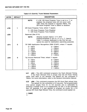 Page 253, 
SECTION MITL8350-047-102-NA 
Table 6-3 (Cont’d), Trunk Related Parameters 
ENTER DEFAULT DESCRIPTION 
NOTE: If ‘x19t’ Off-Hook Progress Tone is set to a ‘1’ or 
enabled, the progress tone will not occur until 
‘x08t’ timer has expired or reached 700ms. The 
Off-Hook Progress Tone is 200ms in duration. 
x19t 
x22t 1 Off-Hook Progress Tone, where ‘t’ equals: 
0 = Off-Hook Progress Tone Disabled 
1 = Off-Hook Progress Tone Enabled 
Reserved (See 01 It) 
NOTE: Whether System Option ‘xl It’ (PAV...