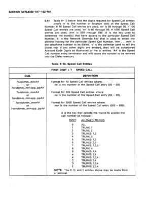 Page 263SECTION MITL8350-047-102-NA 
6.44 Table 6-10 below lists the digits required for Speed Call entries 
where ‘n’ is the number or location (bin) of the Speed Call 
Number. If 10 Speed Call entries are used, ‘nn’ is 00 through 09. If 100 
Speed Call entries are used, ‘nn’ is 00 through 99. If 1000 Speed Call 
entries are used, ‘nnn’ is 000 through 999. ‘d’ is the key used to 
determine the trunk(s) that have access to the particular Speed Call 
Number. ‘k’ is the Network Override Key that is used to select...