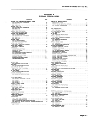 Page 278SECTION MITL8350-047-102-NA 
APPENDIX B 
OVERALL TOPICAL INDEX 
CONTENTS PAGE 
ACCOUNT CODE CONFIRMATION/REROUTE TONES 
SEE ROUTE RELATED PARAMETERS 38 
SEETABLE 6-4 ._ _..... __. __ _........_ .__ ._ 35 
SEE TABLE 6-5 36 
ACCOUNT CODE TVPE 
SEE ROUTE RELATED PARAMETERS 37 
SEETABLE 6-4 .._......... _........._...... 34 
SEE TABLE 6-5 35 
ACCOUNT CODE VERIFICATION 
SEE OPERATING DESCRIPTION 19 
ACCOUNT CODE WARNING TONES 
SEE DIALER DESCRIPTION 4 
SEE ROUTE RELATED PARAMETERS 37 
SEE TABLE 6-4 35 
SEE...