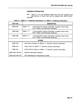 Page 315SECTION MITL8350-048-100-N/I 
ORDERING INFORMATION 
4.15 Table 4-l on the following page lists the part numbers and 
descriptions of items that can be ordered from MITEL DATA- 
COM INC. 
Table 4-1, SMarT-1 tm Ordering Information 4-1, SMarT-1 Ordering Information 
PART NO. 
8350-007 SMarT-1’“: DESCRIPTION 
4 Line Security Access Controller. Includes Power Pack, 
RJ31 Cables, and Mounting Hardware. 
8350-008 SMarT-1 tm: 2 Line Security Access Controller. Includes Power Pack, 
RJ31 Cables, and Mounting...