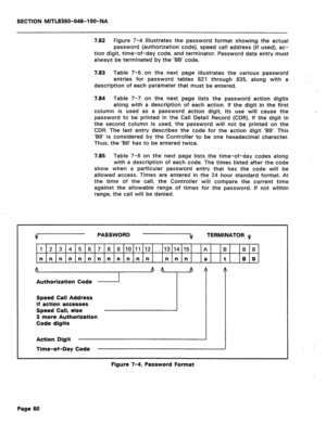 Page 354SECTION MITL8350-048-IOO-NA 
7.82 
Figure 7-4 illustrates the password format showing the actual 
password (authorization code), speed call address (if used), ac- 
tion digit, time-of-day code, and terminator. Password data entry must 
always be terminated by the ‘BB’ code. 
7.83 Table 7-6 on the next page illustrates the various password 
entries for password tables 821 through 835, along with a 
description of each parameter that must be entered. 
7.84 Table 7-7 on the next page lists the password...