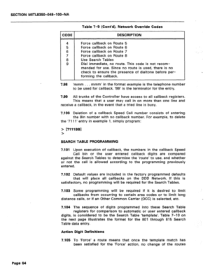 Page 358SECTION MlTL8350-048-l OO-NA 
Table 7-9 (Cont’d), Network Override Codes 
CODE DESCRIPTION 
4 Force callback on Route 5 
5 Force callback on Route 6 
6 Force callback on Route 7 
7 Force callback on Route 8 
8 Use Search Tables 
9 Dial immediate, no route. This code is not recom- 
mended for use. Since no route is used, there is no 
check to ensure the presence of dialtone before per- 
, 
forming the callback. 
7.98 ‘mmm 
. . . mmm’ in the format example is the telephone number 
to be used for callback....