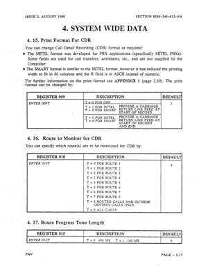 Page 39ISSUE 2, AUGUST 1988 
4. SYSTEM 
4. 15. Print Format For CDR 
SECTION 8350-345-013-NA 
WIDE DATA 
You can change Call Detail Recording (CDR) format as required: 
l The MIIEL format was developed for PBX applications (specifically MlTEL PBXs). 
Some fields are used for call transfers, attendants, etc., and are not supplied by the 
Controller. 
l The SMART format is similar to the MlTEL format, however it has reduced the printing 
width to fit in 80 columns and the R field is in ASCII instead of numeric....