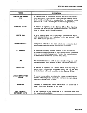 Page 383SECTION MITL8350-048-l OO-NA 
TERM 
FOREIGN EXCHANGE 
(PXI 
DEFINITION 
A classification of subscriber service that indicates service 
from any other central office other than the central office 
that would normally serve a subscriber. For example, a tele- 
phone in N.Y. has a Washington number assigned to it. 
GROUND START A method of signaling to the Central Office. This signaling 
requires that a ground be applied to the RING side of the 
Line to indicate an Off-hook condition. 
HERTZ (Hz)...