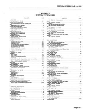 Page 395SECTION MBTL885Cb048-IOO- til% ? 
APPENDIX D 
OVERALL TOPICAL INDEX 
CONTENTS PAGE 
CONTENTS 
ACCESS CODE 
SEE GLOSSARY OF TERMS 
ACCESS CONTROL SEQUENCE 
SEE PROGRAMMING ROUTING PARAMETERS 
ACR 
SEE ADAPTIVE CALL ROUTING 
ACTION DIGIT DEFINITIONS 
SEE SEARCH TABLE PROGRAMMING 
ACTION DIGIT DESCRIPTIONS 
SEE TABLE 7-11 _.________ .._ .._ _... 
ADAPTIWE CALL ROUTING B-l 
67 
6 
64 SEE VERSATILE PROGRAMMING 
BAUD 
SEE GLOSSARY OF TERMS 
BAUD RATE 
SEE CALL RECORDING/R.%232 PORT 
SEE RS-232 PORT...