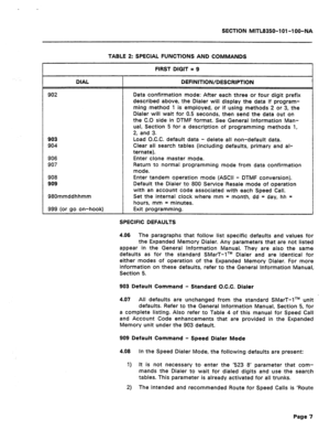 Page 419SECPIBM MlTL8350-l Ol -lOO-NA 
TABLE 2: SPECIAL FUNCTIONS AND COMMANDS 
FIRST DIGIT = 9 
903 
904 
906 
907 
908 
909 
980mmddhhmm described above, the Dialer will display the data if program- 
ming method 1 is employed, or if using methods 2 or 3, the 
Dialer will wait for 0.5 seconds, then send the data out on 
the C.0 side in DTMF format. See General Information Man- 
ual, Section 5 for a 
description of programming met,hods 1, 
Load O.C.C. default data - 
delete all non-default data. 
Clear all...