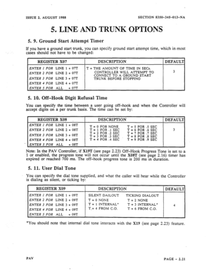 Page 43ISSUE 2, AUGUST 1988 SECTION 8350-345-013-NA 
5. LINE. AND TRUNK- OPTIONS 
5. 9. Ground Start Attempt Timer 
If 
you have a ground start trunk, you can specify ground start attempt time, which in most 
cases should not have to be changed: 
REGISTER X07 DESCRIPTION 
DEFAULI 
ENTER 1 FOR LINE 1 + 07T 
T = THE AMOUNT OF TIME IN SECs. 
ENTER 2 FOR LINE 2 + 07T CONTROLLER WILL ATTEMPT TO 3 
CONNECT TO A GROUND START 
ENTER 3 FOR LINE 3 + 07T 
TRUNK BEFORE STOPPING 
ENTER 4 FOR LINE 4 + 07T 
ENTER 5 FOR ALL +...