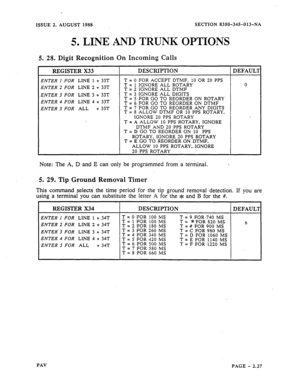 Page 49ISSUE 2. AUGUST 1988 SECTION 8350-345-013-NA 
5. LINE AND TRUNK OPTIONS 
5. 28. Digit Recognition On Incoming Calls 
REGISTER X33 DESCRIPTION DEFAULT 
ENTER I FOR LINti 1 + 33T T = 0 FOR ACCEPT DTMF, 10 OR 20 PPS 
ENTER 2 FOR LINE 2 + 33T ’ T = 1 IGNORE ALL ROTARY 0 
T = 2 IGNORE ALL DTMF 
ENTER 3 FOR LINE 3 + 33T T = 3 IGNORE ALL DIGITS 
ENTER 4 FOR LINE 4 + 33T T = 5 FOR GO TO REORDER ON ROTARY 
T = 6 FOR GO TO REORDER ON DTMF 
ENTER 5 FOR ALL + 33T . T = 7 FOR GO TO REORDER ANY DIGITS 
T = 8 ALLOW...