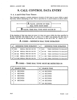 Page 65ISSUE 2, AUGUST 1988 SECTION 8350-345-013-NA 
9. CALL CONTROL DATA ENTRY 
9. 4. A and B Dial Tone Timers 
The Controller expects a certain minimum duration of dial tone to occur within a speci- 
fied time, before attempting to dial. This is specified by A and B timers as shown below. 
4 -A VALUE, LENGTH OF TIME .- * 
DIAL TONE MUST EXIST 
B VALUE, TIME DIAL TONE MUST OCCUR IN. 
If the duration of dial tone does not occur (or does not occur within the time specified in 
B) the Controller will redial if...