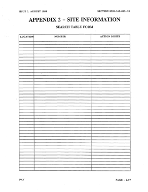 Page 79ISSUE 2, AUGUST 1988 SECTION 8350-345-013-NA 
APPENDIX 2 - SITE INFORMATION 
SEARCH TABLE FORM 
LOCATION NUMBER ACTION DIGITS 
PAV 
PAGE - 2.57  