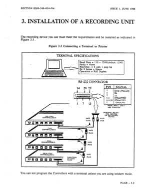 Page 91-SECTION 8350-345-014-NA 
ISSUE 1, JUNE 1988 
3. INSTALLATION OF A RECORDING UNIT 
The recording device you use must meet the requirements and be installed as indicated in 
Figure 3.3 . 
Figure 3.3 Connecting a Terminal or Printer 
TERMINAL SPECIFICATIONS 
Parity = None 
= 8 with 1 
Bit 8 Sense = Spat stop bit 
eration = Full D 
RS-232 CONNECTOR 
DIRECTION 
You can not program the Controllers with a terminal unless you are using tandem mode. 
PAGE - 3.5  