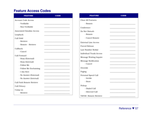 Page 63Reference 

 57
Feature Access Codes
FEATURE
CODE
Account Code Access
- Verifiable ____________________________- Non-Verifiable ____________________________
Associated Dataline Access ____________________________Loopback ____________________________Call Hold
- Retrieve ____________________________- Remote - Retrieve ____________________________
Callback ____________________________
- Cancel ____________________________
Call Forward
- Busy (External) ____________________________- Busy (Internal)...