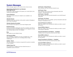 Page 6862 

 Reference
System MessagesThese messages appear in the various areas of your screen.
Absent Feature Disallowed for Last Attendant.
Select Night Service
As the last or only attendant in the group, you cannot place your
console into absent mode.
Access Disallowed
The feature access code you’ve dialed is not available to an
Attendant.
Attendant Gr(oup)
Displayed when one attendant calls another number belonging to
one or more attendants.
Attendant Operation Re-enabled
You are back in the Operator...