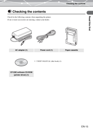 Page 15Checking the contents
Read this first
EN-15
Checking the contents
Check for the following contents when unpacking the printer.
If one or more accessories are missing, contact your dealer.
AC adapter (1)Power cord (1)Paper-cassette
USER’S MANUAL (this book) (1)
CP-D2E software CD-ROM 
(printer driver) (1)
Downloaded From ManualsPrinter.com Manuals 