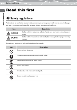 Page 8Safety regulations
Read this first
EN-8
Read this first
Safety regulations
Various icons are used in this manual to indicate correct product usage and to help prevent property damage 
and injury to customers and others. The meanings of these icons are described below.
Precautionary notations are indicated by the following symbols.
IconDescription
 WARNINGFailure to follow instructions indicated by this icon may lead to serious injury or 
death.
 CAUTIONFailure to follow instructions indicated by this...