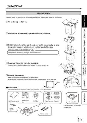Page 96
CONNECTIONS
OTHERS PRECAUTIONS
FEATURESPREPARATIONTROUBLE-
SHOOTING
CONTENTS
UNPACKING
UNPACKING
Take the printer out of the box by the following procedures. Make sure to check the accessories.
2 22 2
2CONTENTS
The accessories are contained in the upper cushions. Check the contents.
Quick setup guidePaper strip
binCD-ROM Paper flanges Spacers
Power cordsThe ink cassette is contained
in the printer.Ink cassette
1 11 1
1Open the top of the box.
2 22 2
2Remove the accessories together with upper...