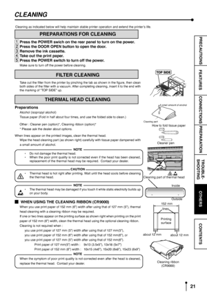 Page 2421
CONNECTIONSPREPARATIONTROUBLE-
SHOOTING FEATURES PRECAUTIONS
OTHERS
CONTENTS
Cleaning as indicated below will help maintain stable printer operation and extend the printer’s life.
CLEANING
How to fold tissue paper
Cleaner pen
Cleaning part
A small amount of alcohol
Cleaning part of thermal head
Outside Inside
Printing
surface
about 12 mm
about 12 mm
Cleaning ribbon
(CR9000)lines
152 mm
PREPARATIONS FOR CLEANING
1 11 1
1Press the POWER swich on the rear panel to turn on the power.
2 22 2
2Press the...