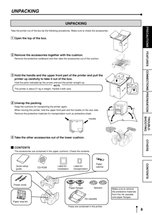 Page 96
CONNECTIONS
OTHERS PRECAUTIONS
FEATURES
PREPARATIONTROUBLE-
SHOOTING
CONTENTS
UNPACKING
UNPACKING
Take the printer out of the box by the following procedures. Make sure to check the accessories.
2 22 2
2CONTENTS
The accessories are contained in the upper cushions. Check the contents.
Quick setup
guide
Paper strip binCD-ROM
Paper flangesSpacers Power cords
Ink cassette
1 11 1
1Open the top of the box.
2 22 2
2Remove the accessories together with the cushion.
Remove the protective cardboard and then take...
