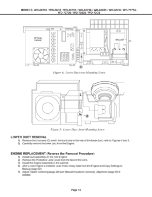 Page 13
MODELS: WD-60735 / WD-60C8 / WD-65735 / WD-65736 / WD-65835 / WD-65C8 / \
WD-73735 /WD-73736 / WD-73835 / WD-73C8
Page 13
Figure 4:  Lower Duct rear Mounting Screw
Figure 5:  Lower Duct  front Mounting Screw
LOWER DUCT REMOVAL
1) Remove the 2 screws ( C) one in front and one in the rear of the lower duct, refer to  Figures 4 and 5.
2) Carefully remove the lower duct from the Engine.
ENGINE REPLACEMENT (Reverse the Removal Procedure)
1) Install Duct assembly on the new Engine.
2) Remove the Protective...