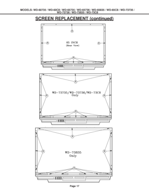 Page 17
MODELS: WD-60735 / WD-60C8 / WD-65735 / WD-65736 / WD-65835 / WD-65C8 / \
WD-73735 /WD-73736 / WD-73835 / WD-73C8
Page 17
SCREEN REPLACEMENT (continued)
 