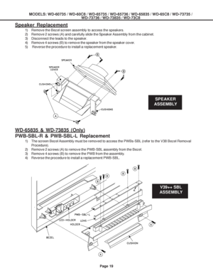 Page 19
MODELS: WD-60735 / WD-60C8 / WD-65735 / WD-65736 / WD-65835 / WD-65C8 / \
WD-73735 /WD-73736 / WD-73835 / WD-73C8
Page 19
Speaker Replacement
1) Remove the Bezel screen assembly to access the speakers.
2) Remove 2 screws (A) and carefully slide the Speaker Assembly from the cabinet.
3) Disconnect the leads to the speaker.
4) Remove 4 screws (B) to remove the speaker from the speaker cover.
5)  Reverse the procedure to install a replacement speaker.
WD-65835 & WD-73835 (Only)
PWB-SBL-R & PWB-SBL-L...