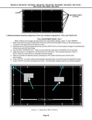 Page 30
MODELS: WD-60735 / WD-60C8 / WD-65735 / WD-65736 / WD-65835 / WD-65C8 / \
WD-73735 /WD-73736 / WD-73835 / WD-73C8
Page 30
2. Manual Keystone Geometry Alignment (There are 2 modes of adjustment:\
  FULL and TOUCH UP)
FULL ADJUSTMENT MODE:  Part 1
(
Note: if data is out of range, you may need to do a reset before startin\
g - press “1” then “ENTER”)
1. When entering the Keystone Adjustment mode you will see the test pattern shown in the drawing above\
. The point in the upper left corner will be a cross....